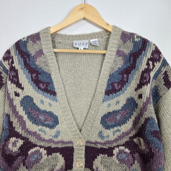 VTG Russ Mohair Wool Blend Cardigan Sweater L Gray Purple Cabincore Grandmacore - Picture 4 of 15
